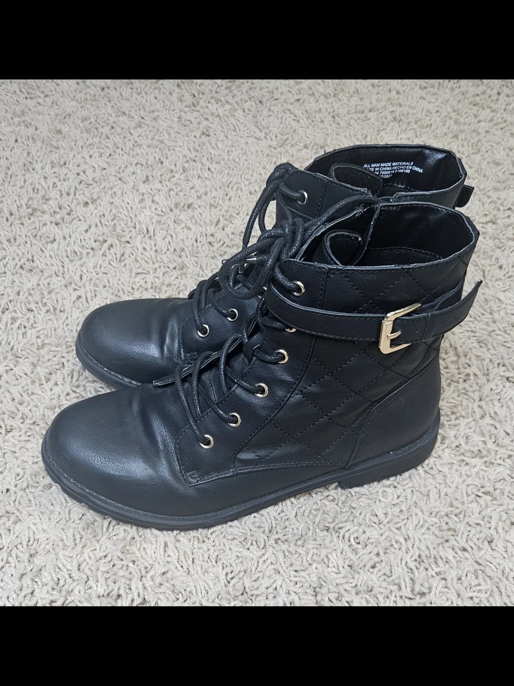 Black Quilted Lace-Up Ankle Boots with Buckle